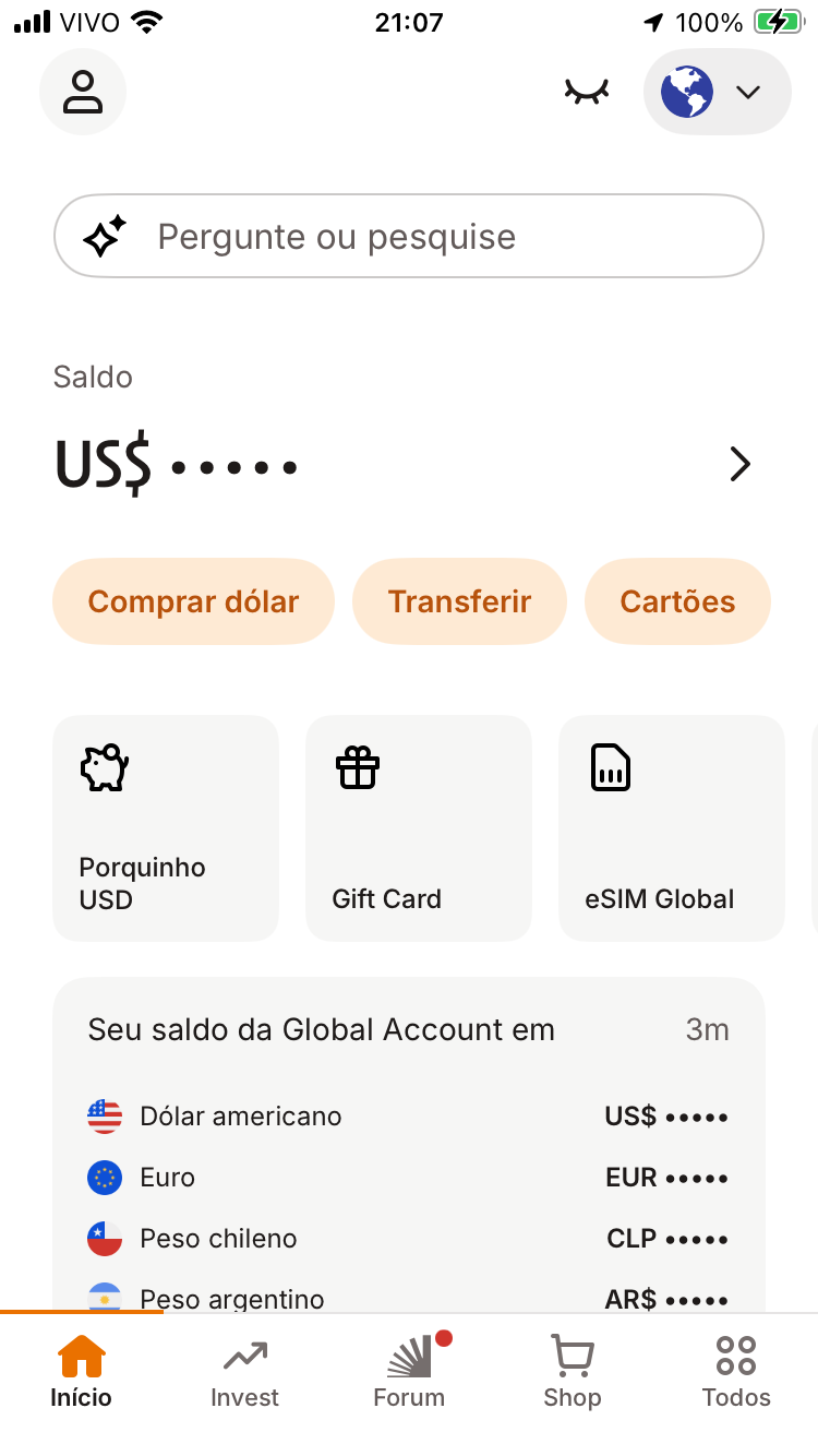 Banco Inter app showing hidden balance with dots and a closed-eye icon far from the balance display