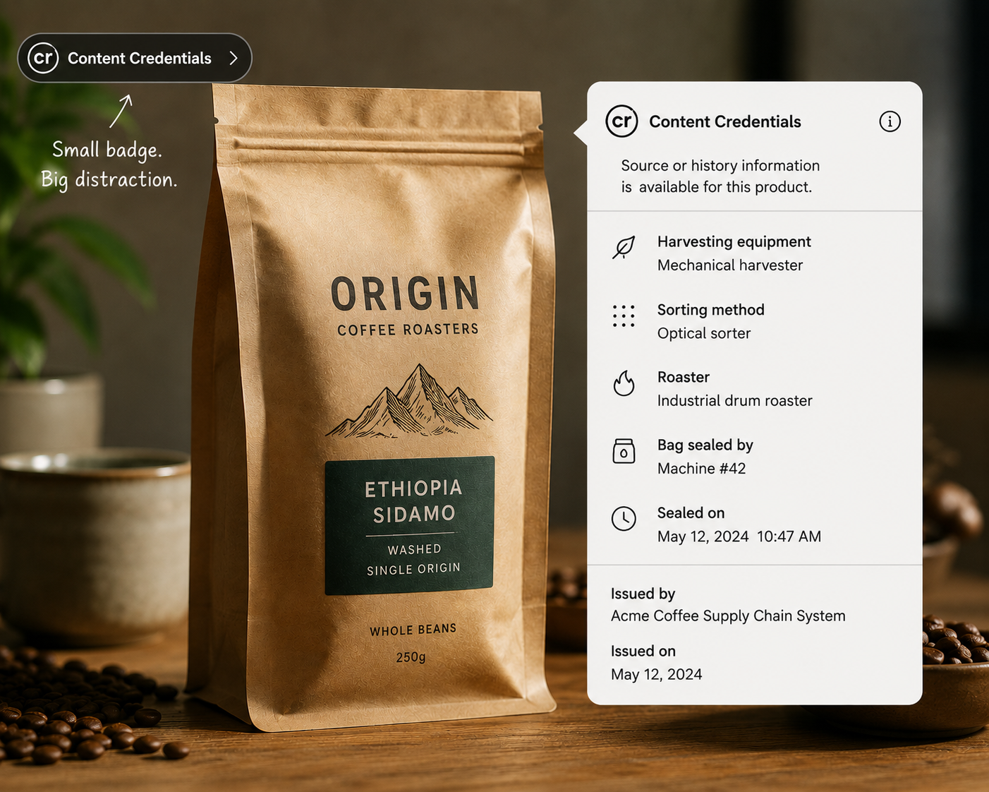 A coffee bag with a Content Credentials popup showing harvesting equipment, sorting method, roaster, and bag sealing machine details