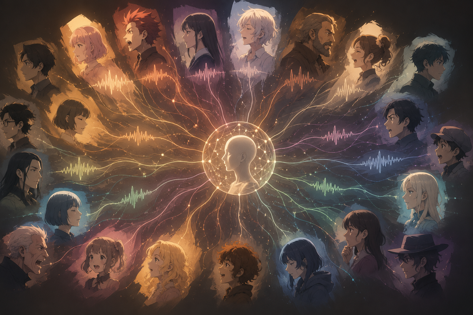 Illustration of a central AI figure radiating many distinct, differently patterned voice waveforms toward a ring of varied character silhouettes, representing one system performing many distinct, consistent voices.