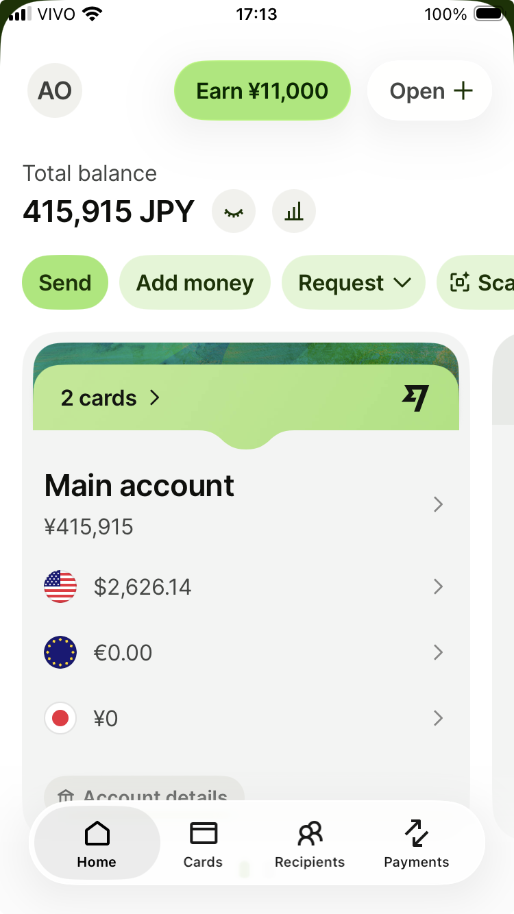 Wise app showing balance with closed-eye icon placed directly next to the balance amount